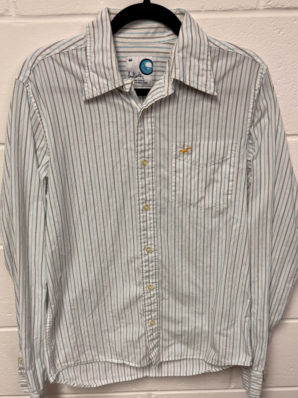 Y2K Hollister Men’s White Button-Down with Gray & Blue Pinstripes